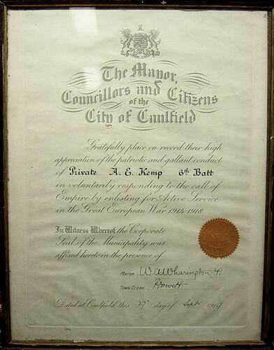 Certificate - Framed, Private A.E. Kemp, City of Caulfield, 27 Sep 1919