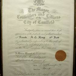 Certificate - Private A.E. Kemp, City of Caulfield, Patriotic & Gallant Conduct, 27 Sep 1919