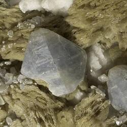 Blue-white crystals on cream-brown mineral.