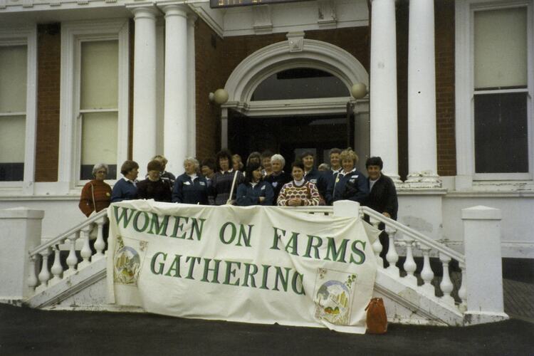 Assembled gathering with banner, Women on Farms Gathering, Ararat 1996