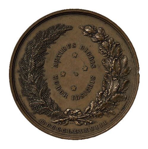 Brown round medal with wreath decoration framing a southern cross.