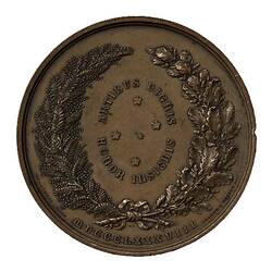 Brown round medal with wreath decoration framing a southern cross.