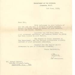 Letter - Commonwealth of Australia to Robert Salter, 1st Jun 1939