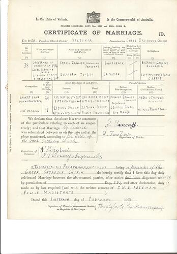 Certificate of Marriage - Stanio Fancoff and Dorothea Touzou, East Melbourne, 1936
