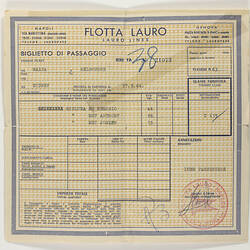 Passage Ticket - Flotta Lauro Lines, 1964