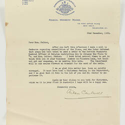 Letter - Federal Members' Rooms to Robert Salter,  22nd Dec 1939
