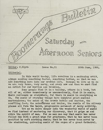 Newsletter - Boomerangs Bulletin, Young Mens Christian Association, Melbourne, 20 June 1956