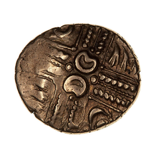Coin, oval, cruciform ornament made up of four wreaths.