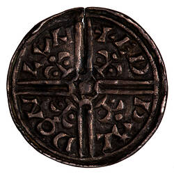 Coin, round, Long cross, voided with fleur-de-lis between two pellets in the angles; text around.
