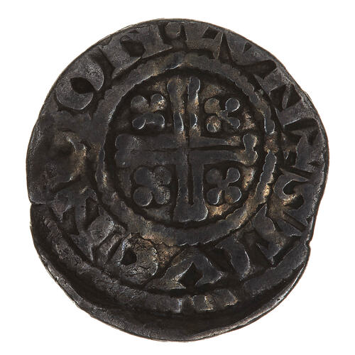 Coin, round, short cross voided within a beaded circle, a quatrefoil in each angle; text around.