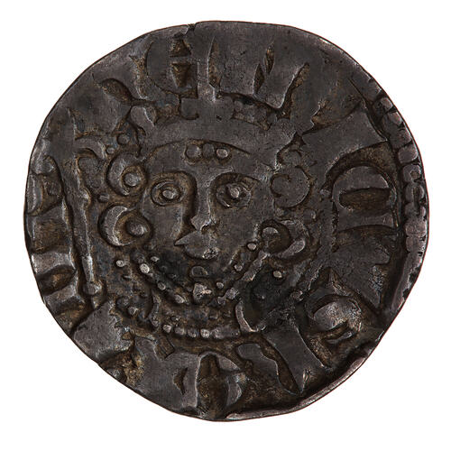 Coin, round, crowned bust of the King facing within a beaded circle, holding a sceptre.