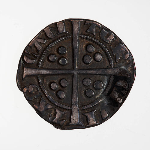Coin, round, long cross with three beads in the angles; around outside a circle of beads, CIVI TAS CAN TOR.