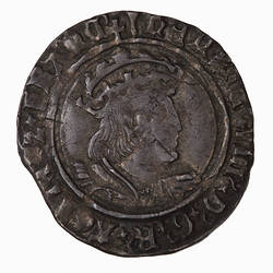 Coin, round, a crowned bust of the King facing right within a circle of beads; text around.