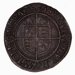 Coin, round, at centre within a beaded circle and over long cross fourchee, a quartered shield.