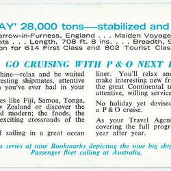 Bookmark - SS Oronsay, P&O Lines, 1968