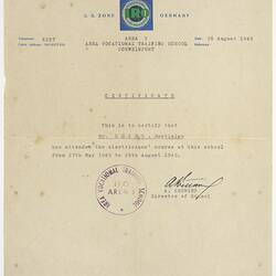 Certificate - Electrician Course, Issued to Bretislav Lukes , International Refugee Organisation, 26 Aug 1949