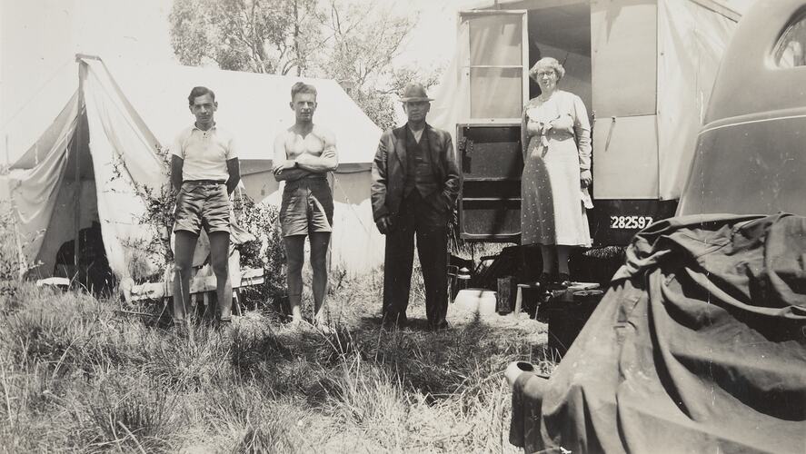 Part of a group of six photographs depicting the Rolfe family of Elsternwick on camping holidays with the pop-up caravan trailer built by motor body builder Charles W. Rolfe.