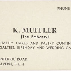 Business card for The Embassy cake shop.