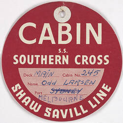 Baggage Label - Shaw Savill Line, S.S. Southern Cross, Cabin, circa 1955