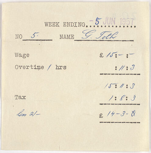 Pay Slip - G. Toth, 05 June 1957