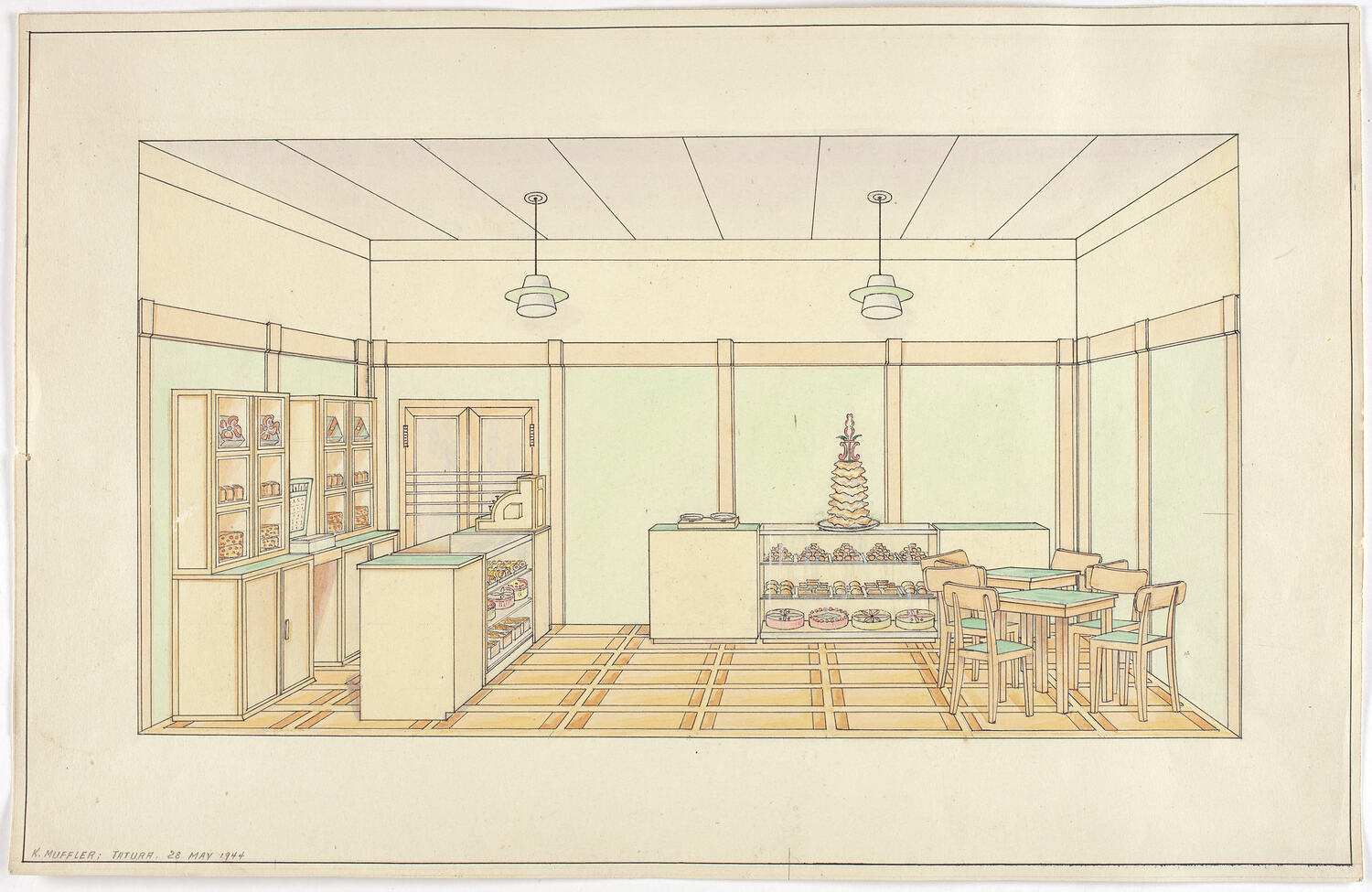 Drawing Cake Shop Interior, Karl Muffler, 1944