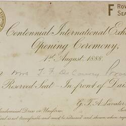 Invitation - Centennial International Exhibition Opening Ceremony, Melbourne, 1888