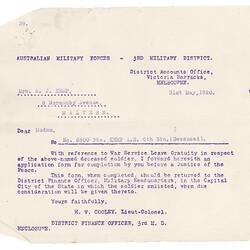Letter - Australian Military Forces to Mrs A. J. Kemp, War Service Leave Gratuity, 31 May 1920