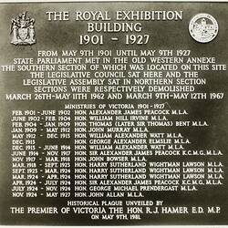 Photograph - Plaque Commemorating the State Parliament Occupation of the Western Annexe, Exhibition Building, Melbourne, circa 1981