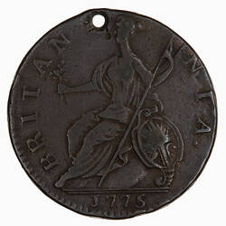 Coin - Halfpenny Brockage, George III, Great Britain, 1775 (Reverse)