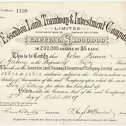 Scrip - Essendon Land, Tramway & Investment Co Ltd, Issued Victoria, Australia, 1889
