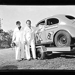Negative - Race Team with Volkswagen 'Beetle' on a Tandem Vehicle Trailer, Victoria, Australia, circa 1960s