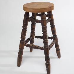Stool - Wooden, Four Turned Legs, Adolph Bruhn & Son, South Melbourne, Victoria, circa 1970s-1980s