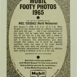 Football Card - Noel Teasdale, North Melbourne, Mobil VFL Football Photos Series, 1965
