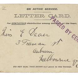 Letter Card - William Henry Dean to Elsie Dean, World War 1, 1916