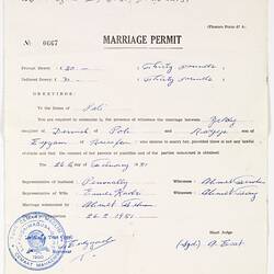 Marriage Permit - Issued to Yildiz Dervish & Redjeb Eyyam, 26 Feb 1951