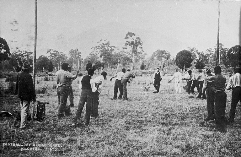 Football game at Coranderrk Aboriginal Station, Victoria, c.1904
