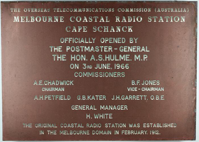 Metal Plaque - Overseas Telecommunications Commission, Melbourne Coastal Radio Station, 1966
