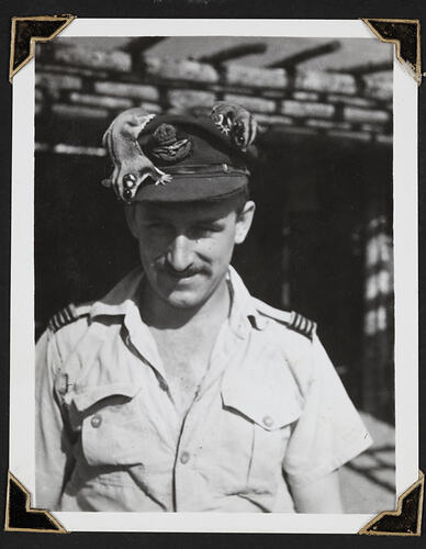 Man in military uniform with two small sugar gliders on his head.