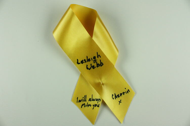 Yellow Remembrance Ribbon "Lesleigh Webb, I will always miss you, Cherrin. x