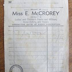 Receipt - Miss E. McCrorey, Wool, Trafalgar, circa 1910s