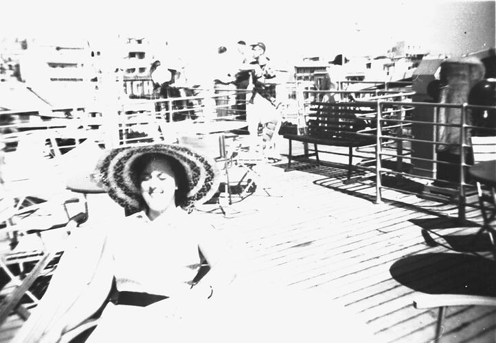 Negative - MV Fairsea, Barbara Woods on Deck, Port Said, 1957