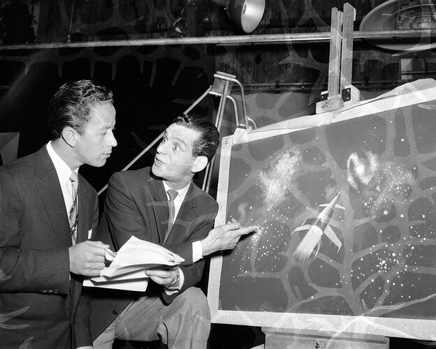 Two Television Presenters with Artwork, HSV7, Melbourne, Victoria, Aug 1957