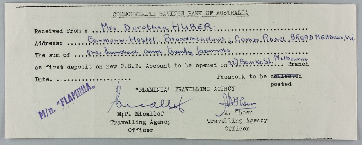 Receipt - Commonwealth Savings Bank, Onboard 'M/N Flaminia', Nov 1959