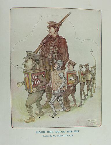 Soldier walking next to line of waist height soldiers dresses as various foods.
