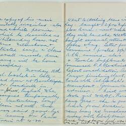 Open book, 2 cream pages dated Monday10th. Cursive handwritten text in blue/black ink. Page 104 and 105.