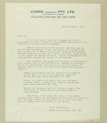 Letter - Kodak, 23 Dec 1941