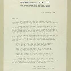 Letter - Kodak Australasia Pty Ltd, Wartime Photographic Supply Restrictions, 23 Dec 1941