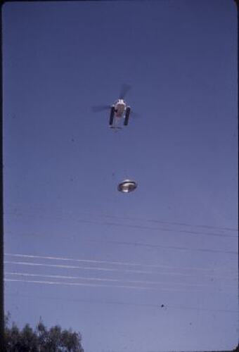 Slide - Helicopter Carries Lid from Kodak Factory Chimney, Kodak Australasia Pty Ltd, Coburg, Jan 1974