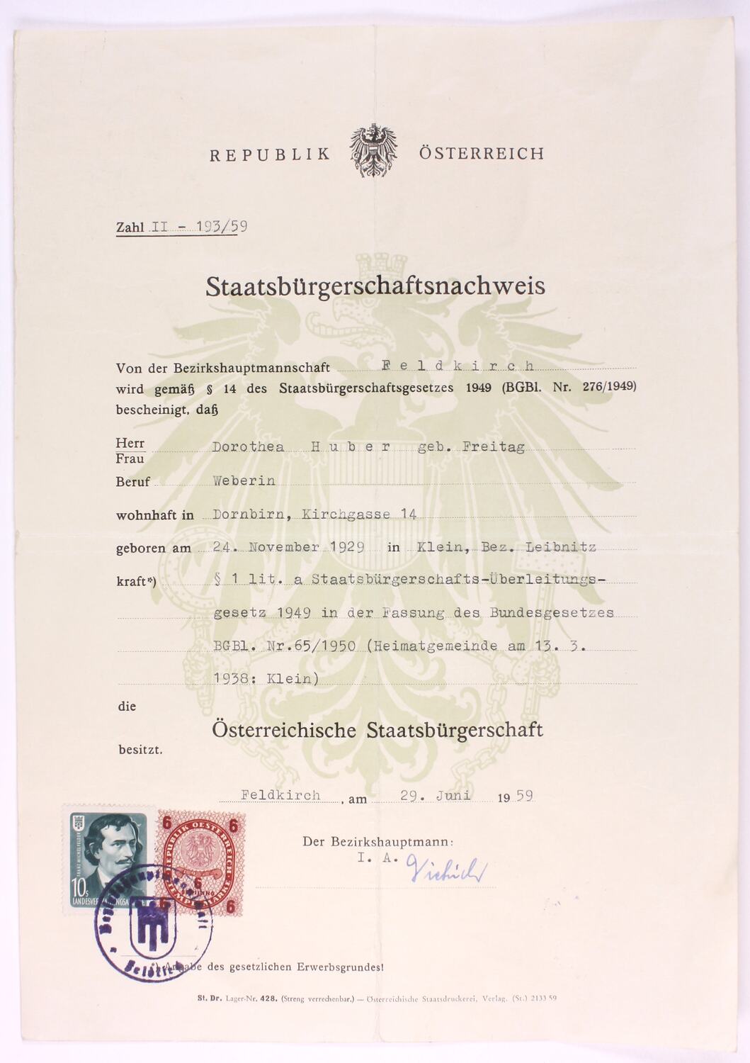 Citizenship Certificate - 'Staatsburgerschaftsnachweis', Dorothea Huber ...