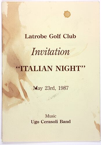 Menu - Latrobe Golf Club 'Italian Night', 23 May 1987